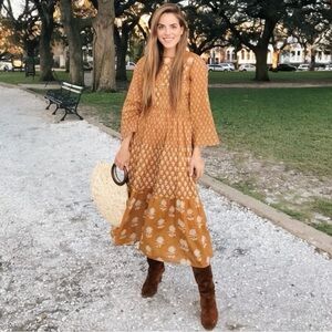 Doen Basil Maxi Dress Floral Block Print in Mustard Medium Boho